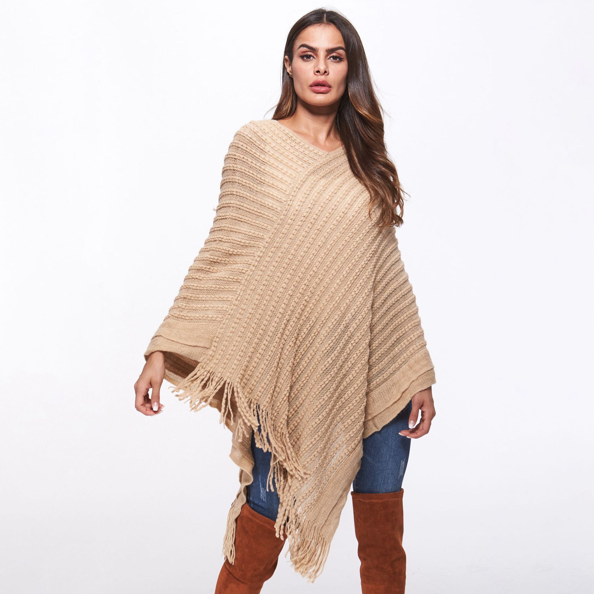 SZ60183-2 Loose Style Tassels Knit Irregular Cloak Sweater